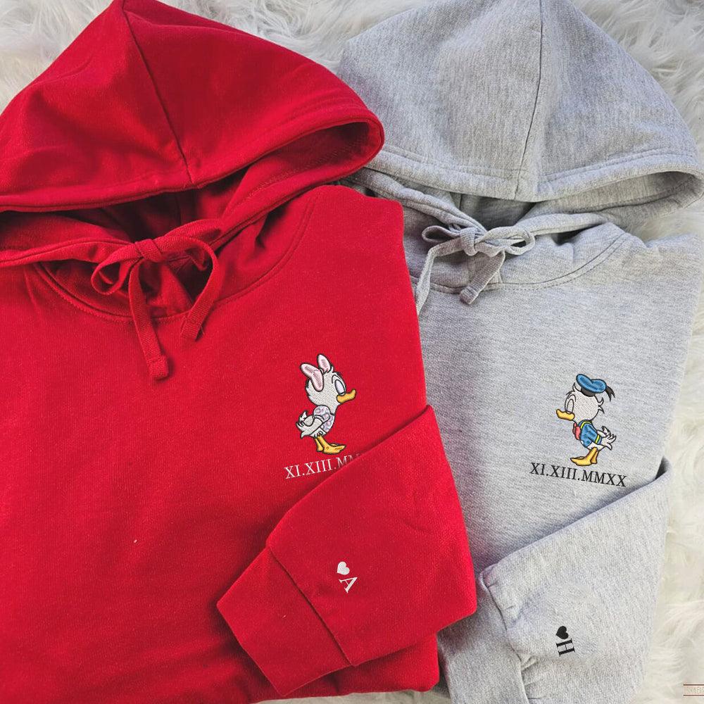 Custom Embroidered Roman Numeral Hoodies For Couples, Roman Numeral Date Hoodie, Cute Cartoon Ducks Couples Embroidered Hoodie