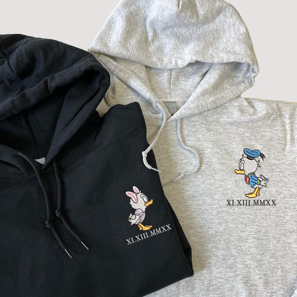 Custom Embroidered Roman Numeral Hoodies For Couples, Roman Numeral Date Hoodie, Cute Cartoon Ducks Couples Embroidered Hoodie