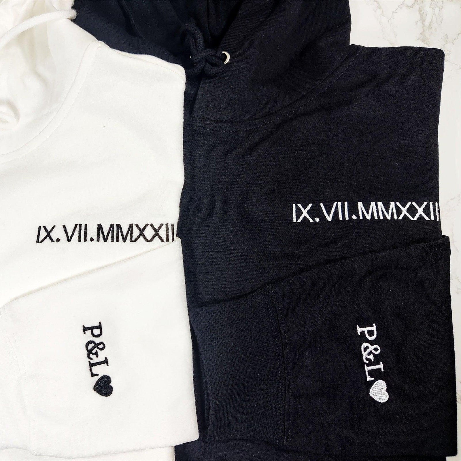 Custom Date Roman Numeral Embroidered Couples Gift Hoodie Sweatshirt