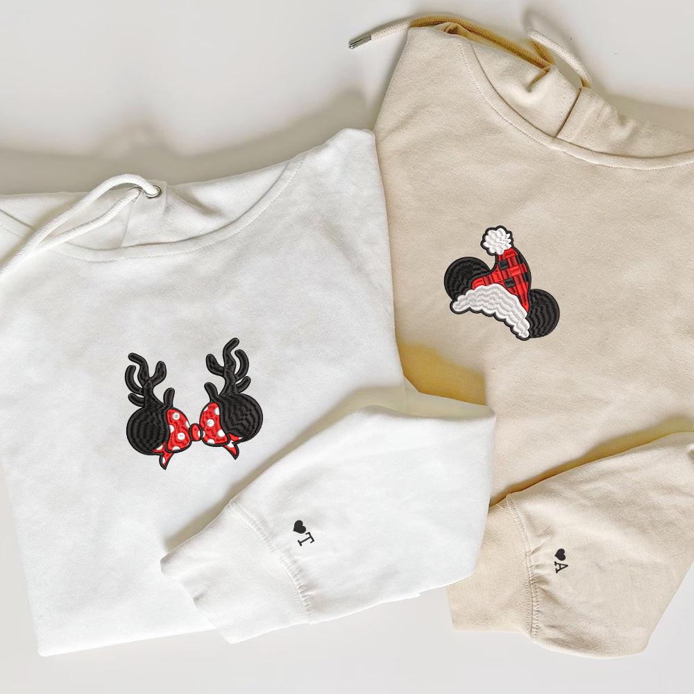 Custom Embroidered Hoodies For Couples, Custom Embroidered Cartoon Mouses Christmas Couples Embroidered Hoodies