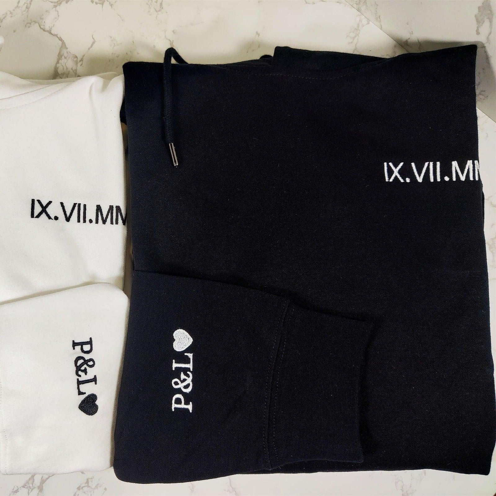 Custom Embroidered Matching Sweatshirt with Roman Numeral Sweater Text & Initials On Sleeve
