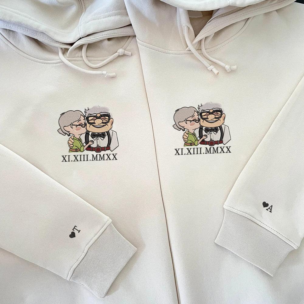 Custom Embroidered Roman Numeral Hoodies For Couples, Roman Numeral Date Hoodie, Cute Ellie x Carl Couples Embroidered Hoodie V1