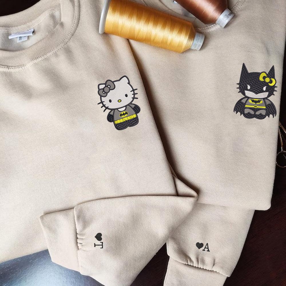 Custom Embroidered Sweatshirts For Couples, Custom Matching Couple Sweatshirt, Cartoon Bat x Kitten Couples Embroidered Sweater