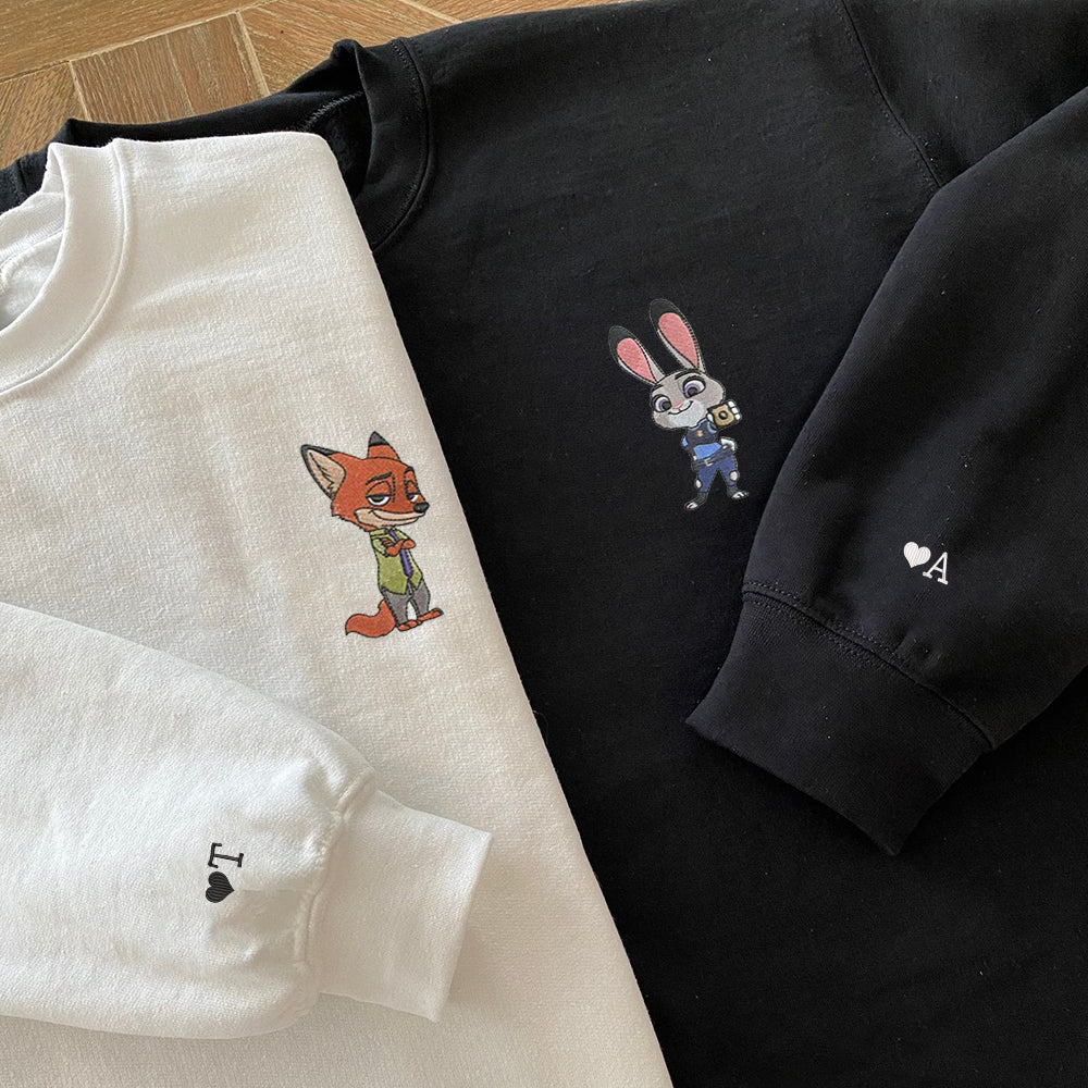 Custom Embroidered Sweatshirts For Couples, Custom Matching Couple Sweatshirt, Cute Cartoon Rabbits Couples Embroidered Crewneck Sweater