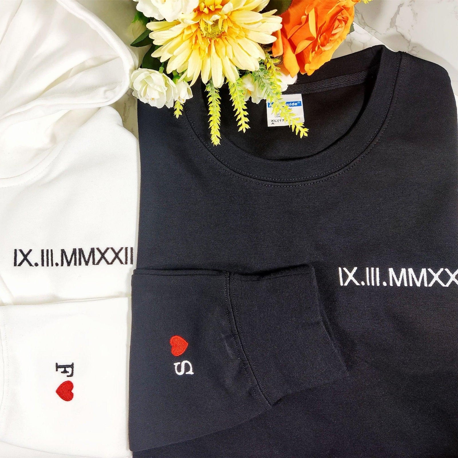 Personalized Embroidered Matching Hoodies with Roman Numerals Date Text and Initials on Sleeve