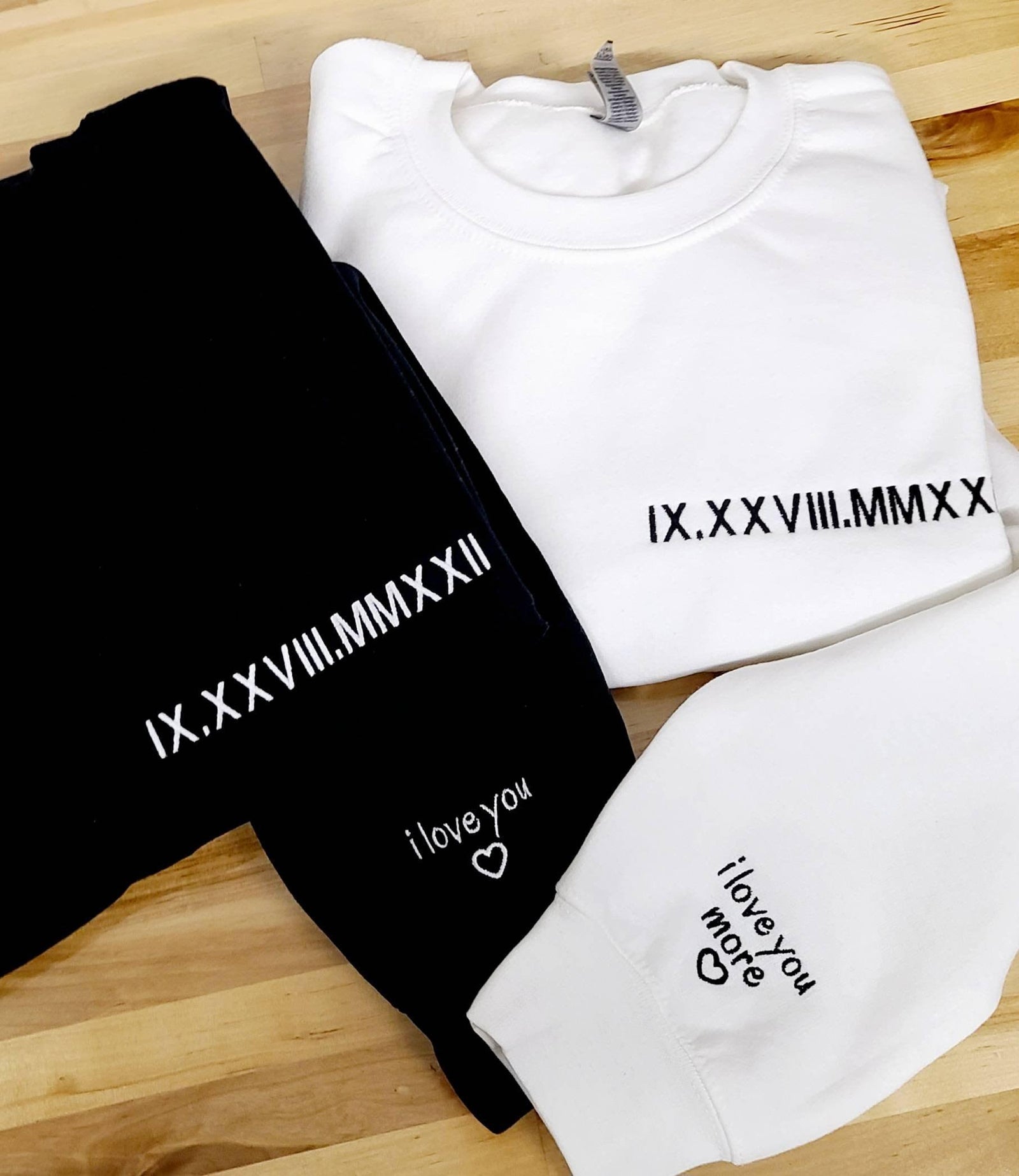 Custom Embroidered Sweatshirts For Couples, Custom Anniversary Date Roman Numeral Embroidered I Love You Sweatshirt