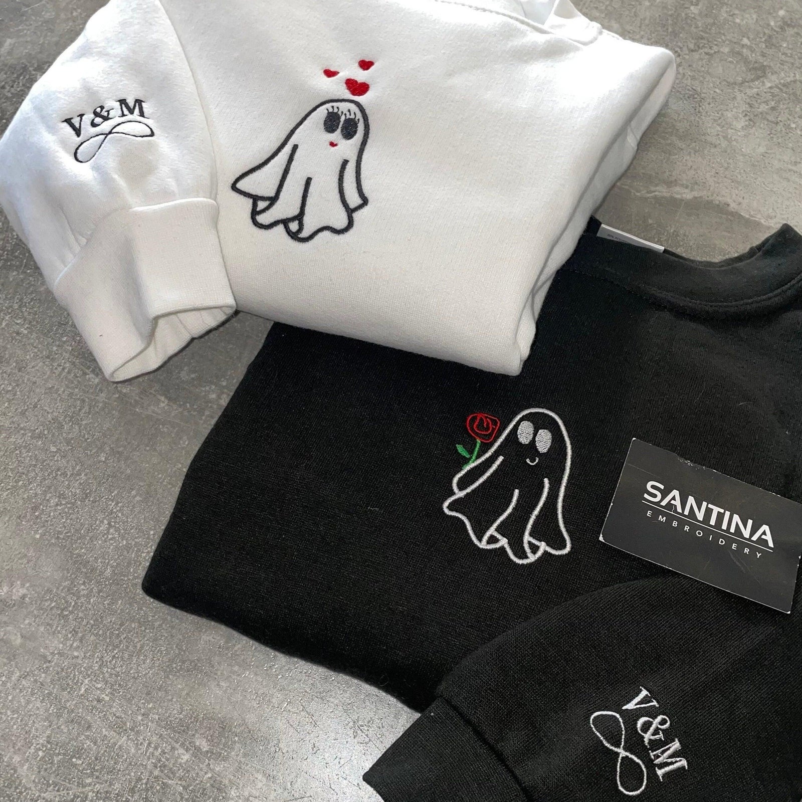 Custom Embroidered Halloweeen Sweatshirts For Couples, Halloween Couples Ghost Embroidered Sweatshirt, Ghost Spooky Couples Season Sweater