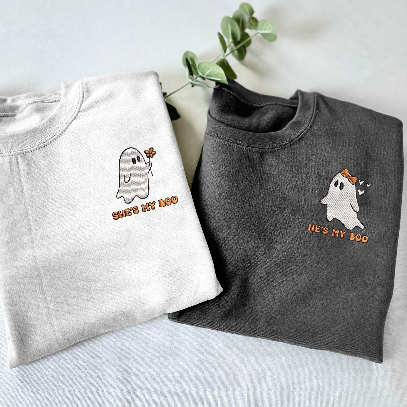 Custom Embroidered Halloweeen Sweatshirts For Couples, Custom Matching Couple Hoodies, He's My Boo She's My Boo Embroidered Halloween Sweatshirt