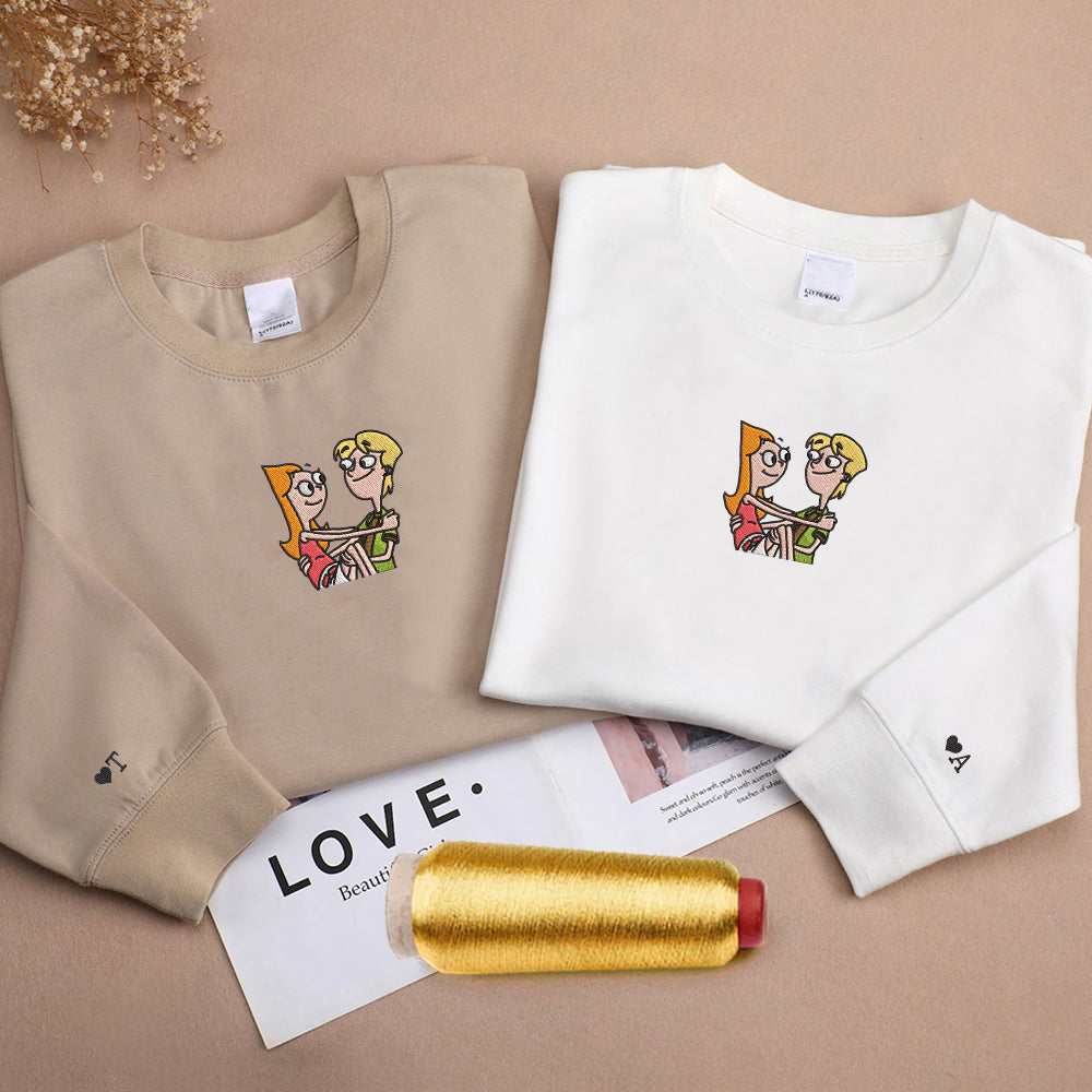 Custom Embroidered Sweatshirts For Couples, Custom Matching Couple Sweatshirt, Cute Cartoon Couples Embroidered Crewneck Sweater V1