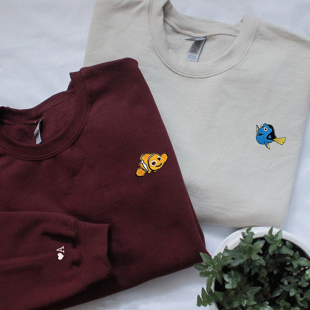 Custom Embroidered Sweatshirts For Couples, Custom Matching Couple Sweatshirt, Cute Cartoon Fish Couples Embroidered Crewneck Sweater