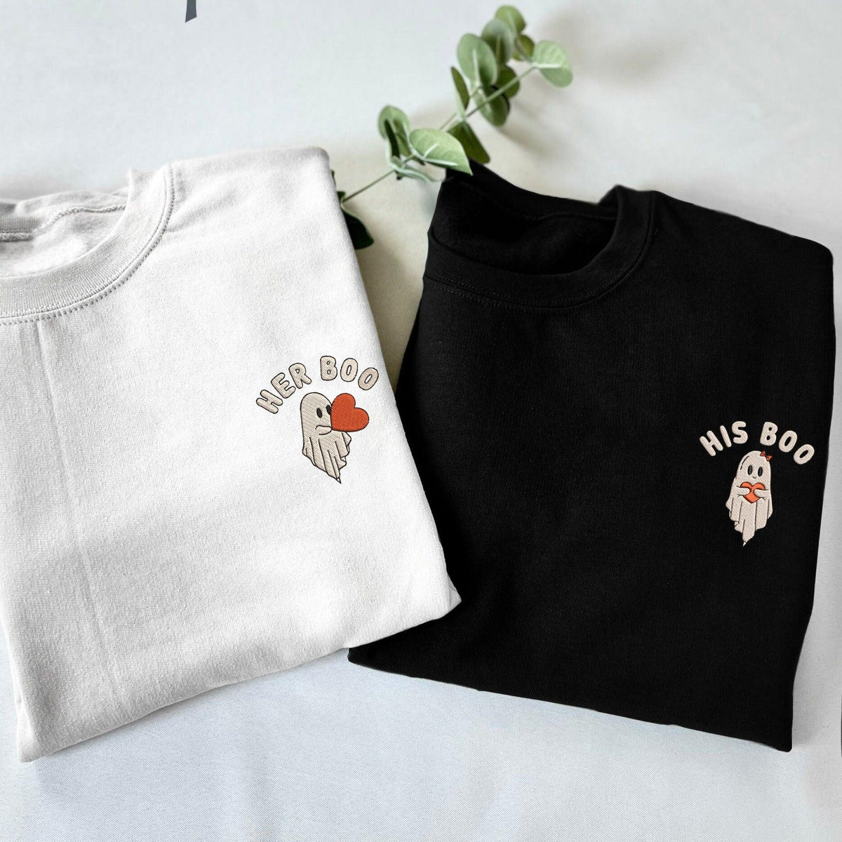 Custom Halloween Embroidered Sweatshirts For Couples, Custom Matching Couple Hoodies, Ghost Her His Boo Couples Embroidered Matching Sweater