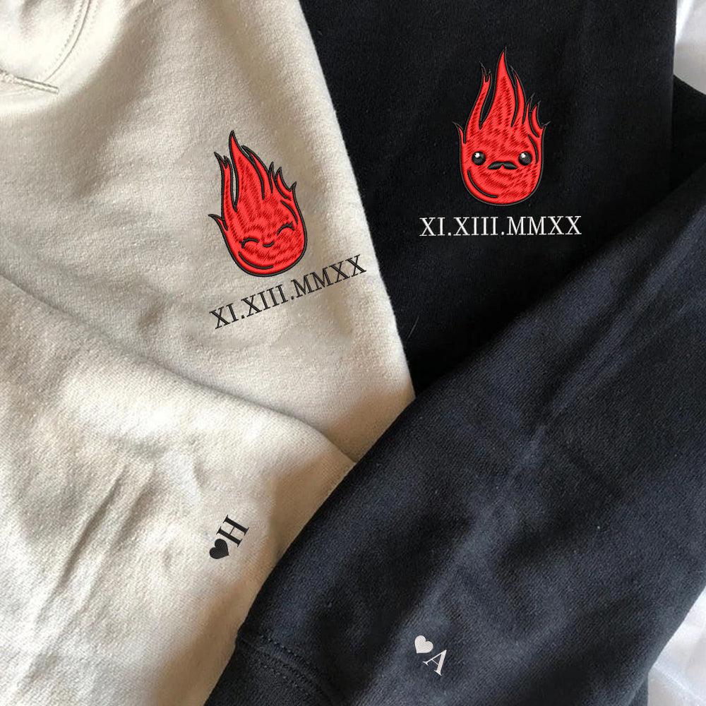 Custom Embroidered Roman Numeral Hoodies For Couples, Roman Numeral Date Hoodie, Flame Couples Embroidered Hoodie