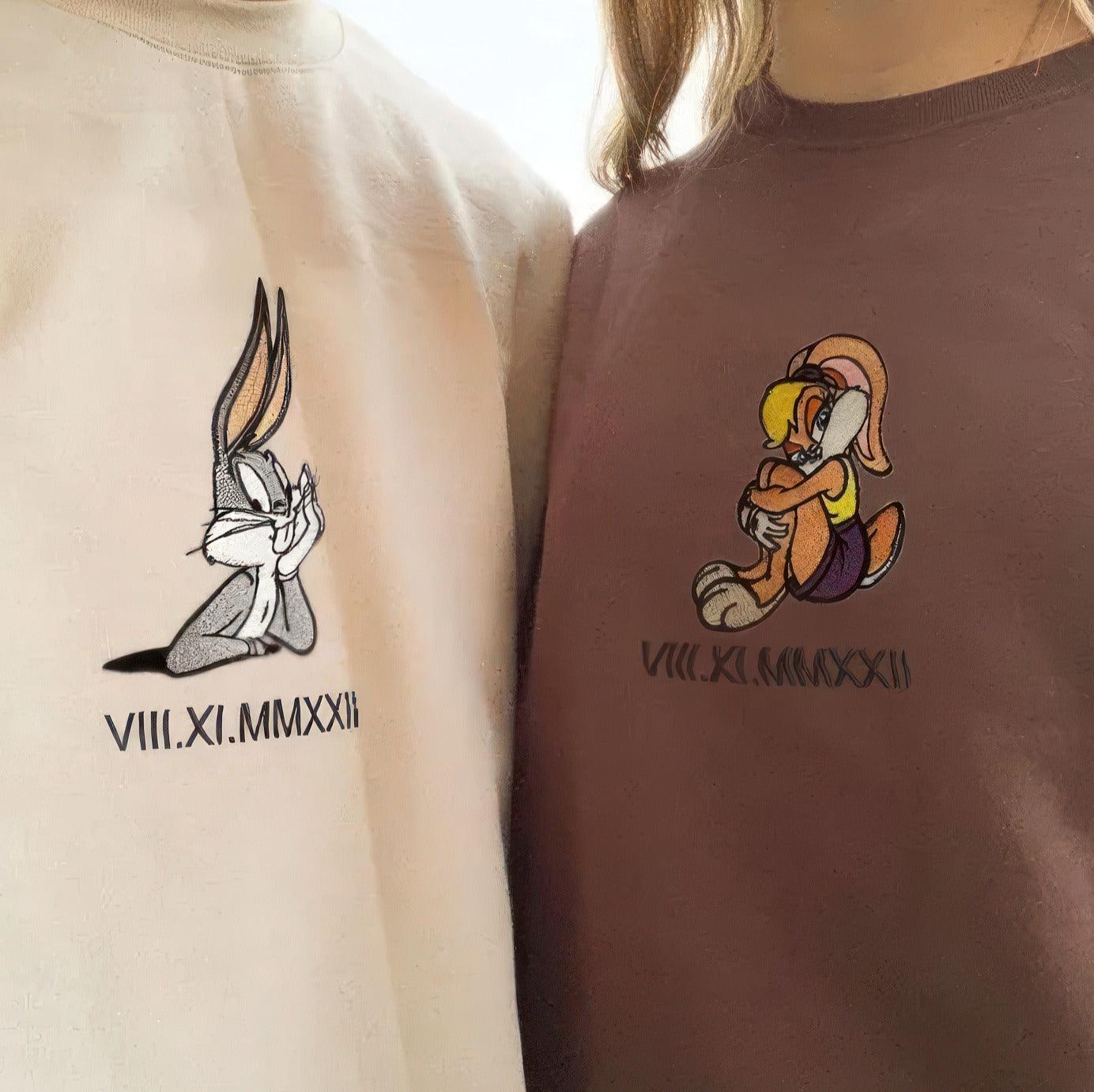 Custom Embroidered Sweatshirts For Couples, Matching Sweatshirts For Couples With Names, Bunny Couples Embroidery Sweatshirt