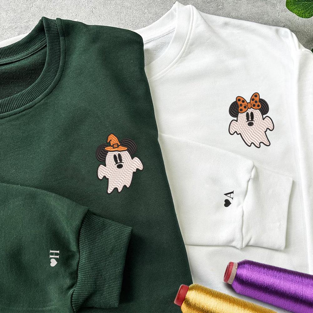 Custom Embroidered Halloween Sweatshirts For Couples, Custom Embroidered Cartoon Mouses Ghost Spooky Couples Embroidered Sweatshirt Sweater V4