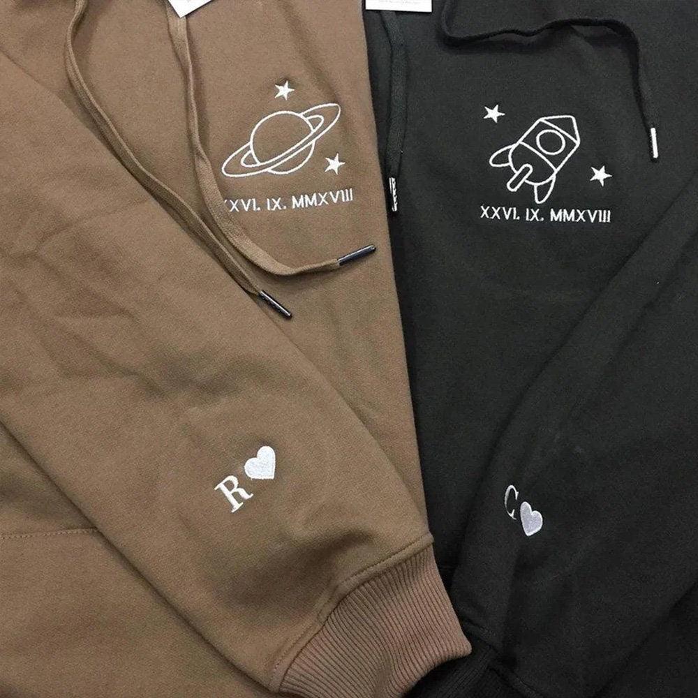 Custom Embroidered Sweatshirts For Couples, Custom Rocket And Moon Embroidery Matching Couple Sweatshirt