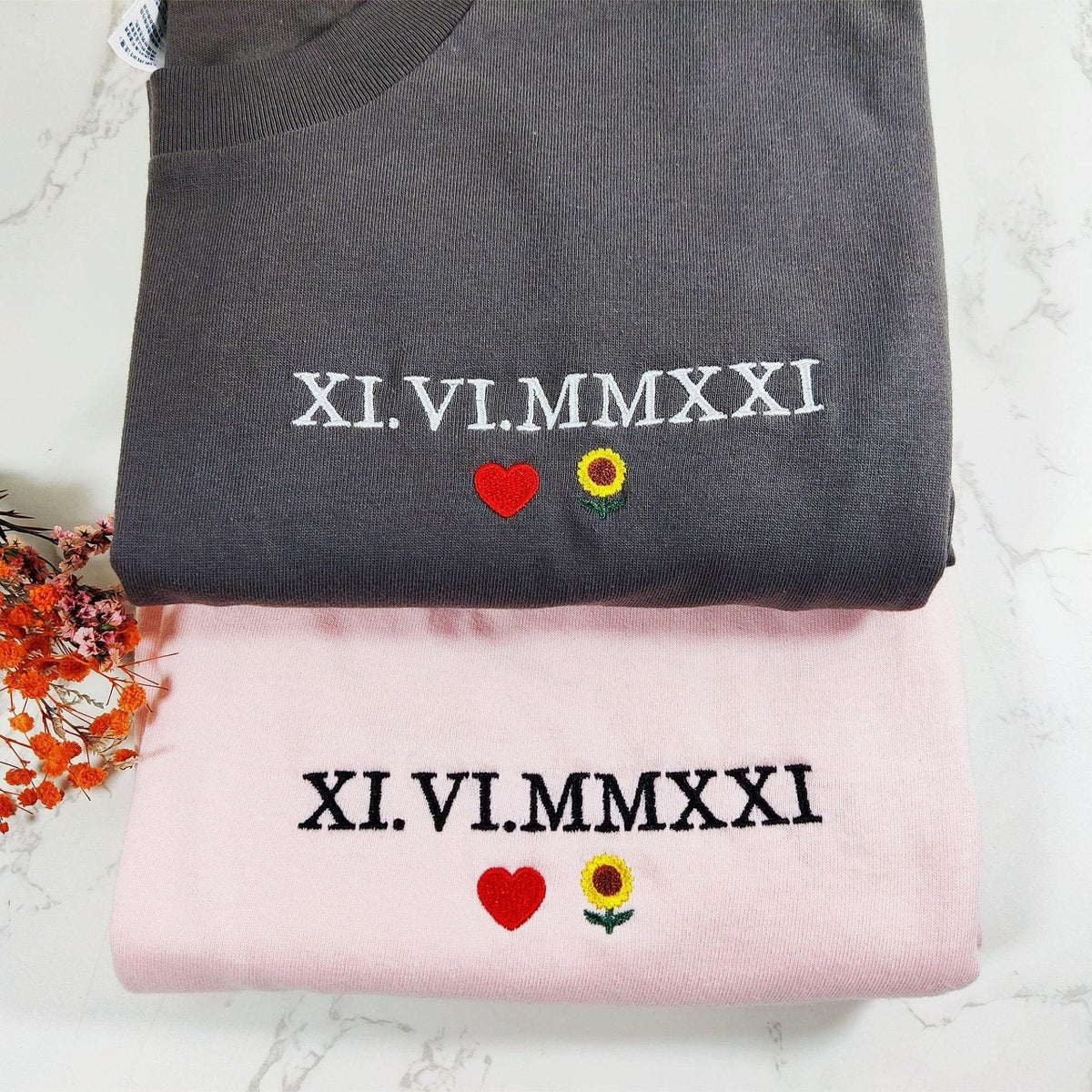 Custom Embroidered Sweatshirts For Couples, Personalized Embroidered Roman Numerals &amp; Heart Flower Anniversary Date Sweatshirt