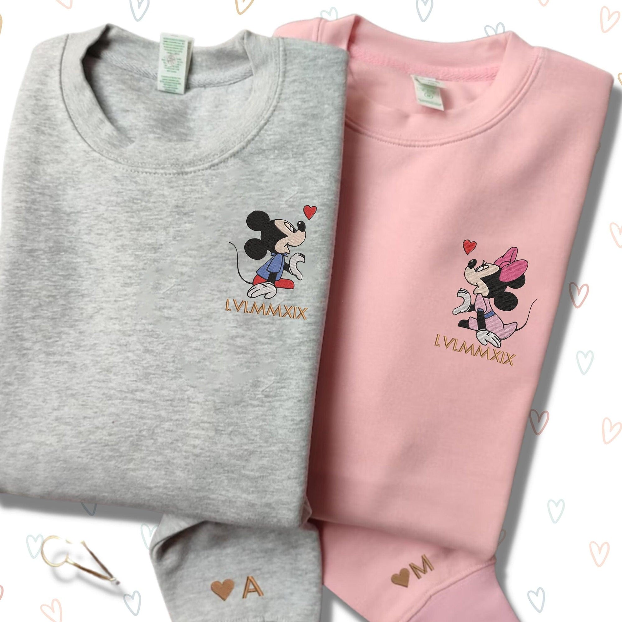 Custom Embroidered Sweatshirts For Couples, Custom Matching Couple Hoodies, Cartoon Mouse Heart Roman Numeral Date Embroidered Matching Couples Sweatshirt