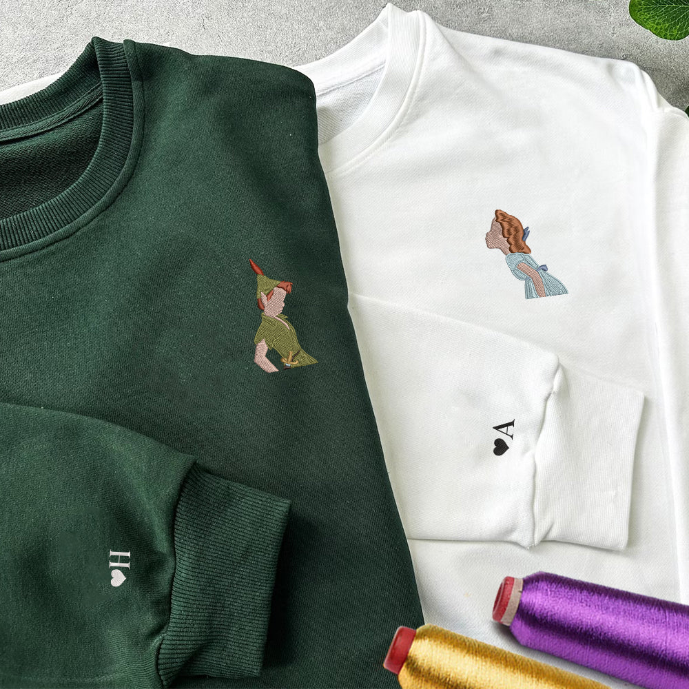 Custom Embroidered Sweatshirts For Couples, Custom Matching Couple Sweatshirt, Cute Peter x Wendy Couples Embroidered Crewneck Sweater