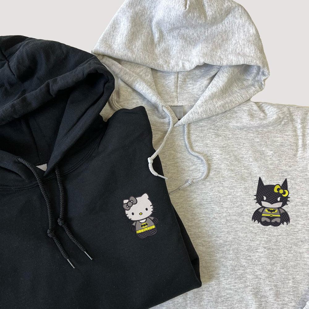 Custom Embroidered Hoodies For Couples, Custom Matching Couple Hoodie, Cartoon Bat x Kitten Couples Embroidered Hoodie