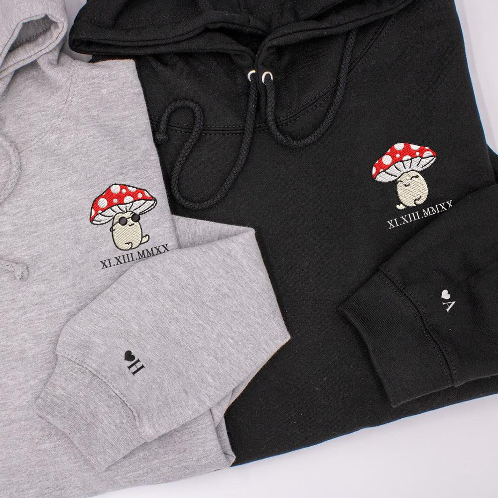 Custom Embroidered Roman Numeral Hoodies For Couples, Roman Numeral Date Hoodie, Mushroom Cartoon Couples Embroidered Hoodie