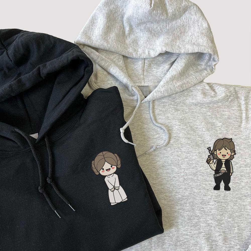 Custom Embroidered Hoodies For Couples, Cute Cartoon Hans x Leia Couples Embroidered Hoodie
