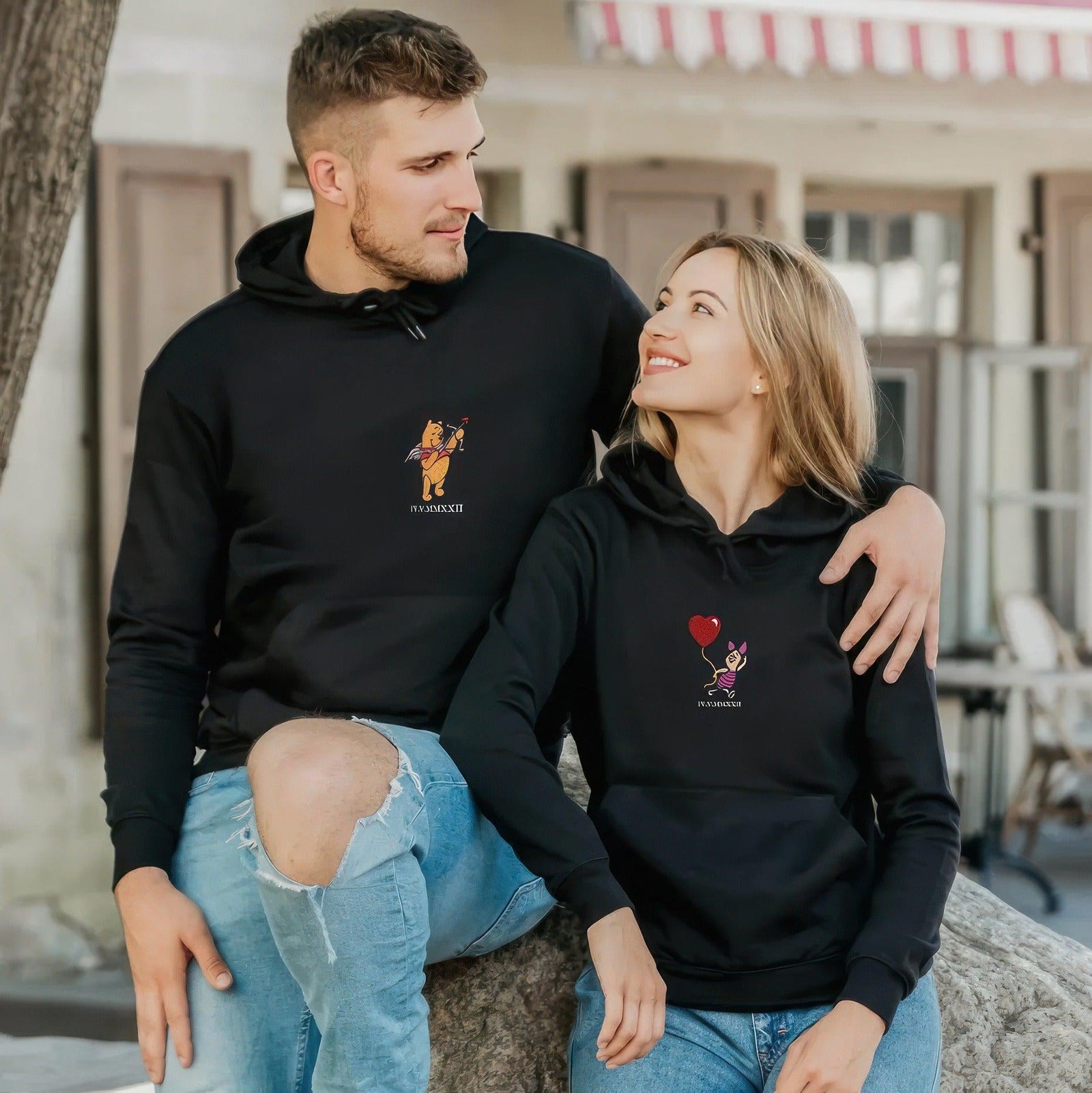 Custom Embroidered Hoodies For Couples, Matching Hoodies For Couples, Cute Bear Couples Cartoon Character Embroidery Sweatshirt