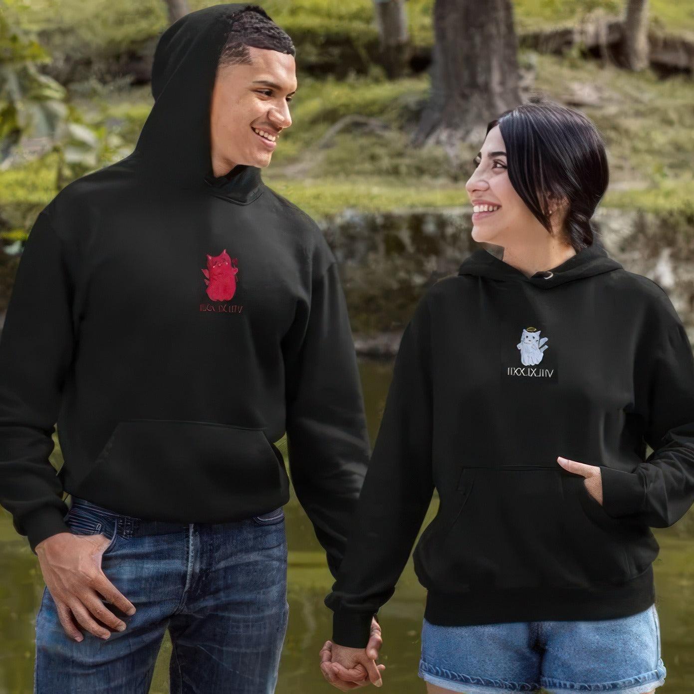 Custom Embroidered Hoodies For Couples, Best Matching Hoodies For Couples, Angel and Devil Couples Embroidery Sweatshirt