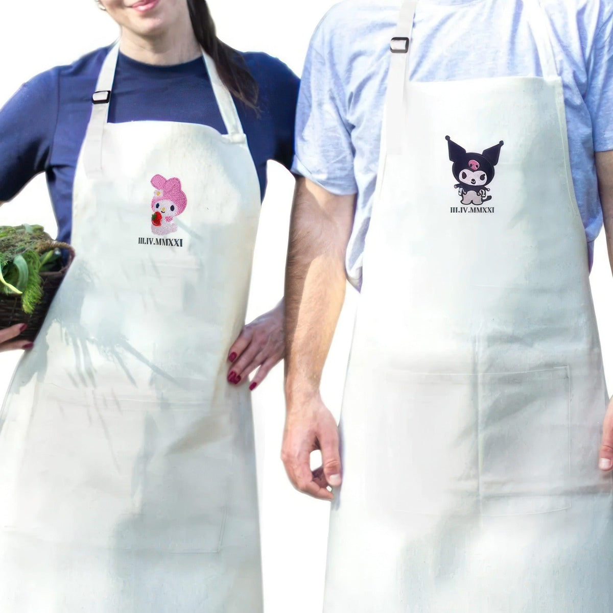 Custom Embroidered Aprons For Couples, Matching Couples Aprons, Bunny Couples Cartoon Character Embroidered Aprons