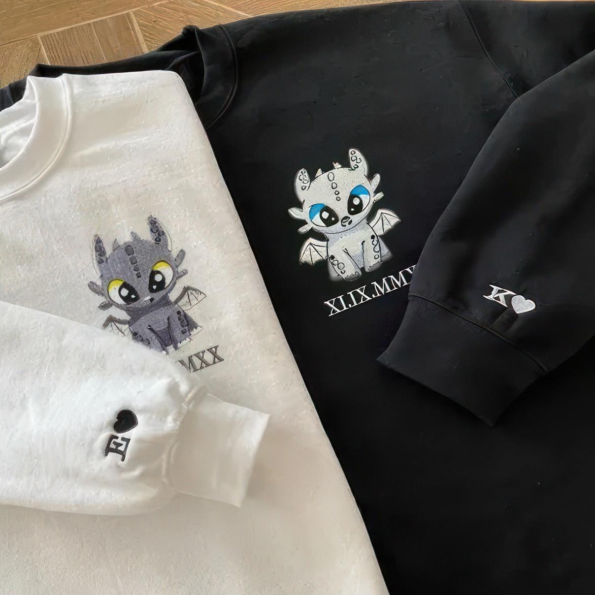 Custom Embroidered Sweatshirts For Couples, Matching Sweatshirts For Couples, Dragon's Lovely Characters Couples Embroidery Sweatshirt