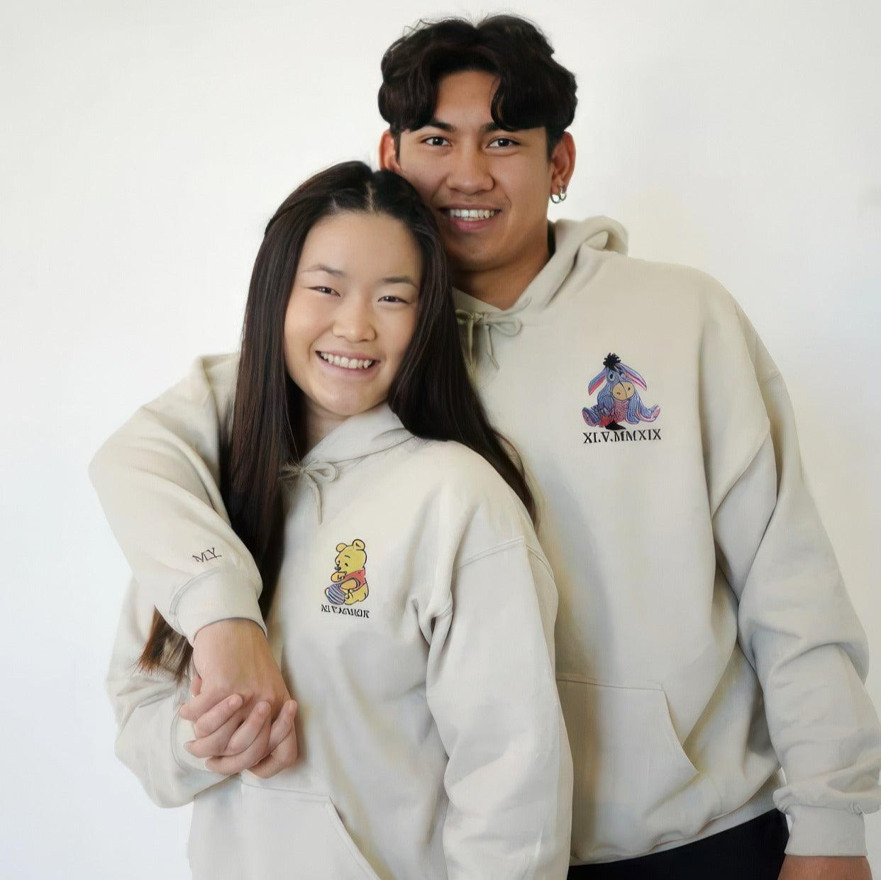 Custom Embroidered Hoodies For Couples, Matching Couples Hoodies, Bear Cartoon Character Couples Embroidery Sweatshirt