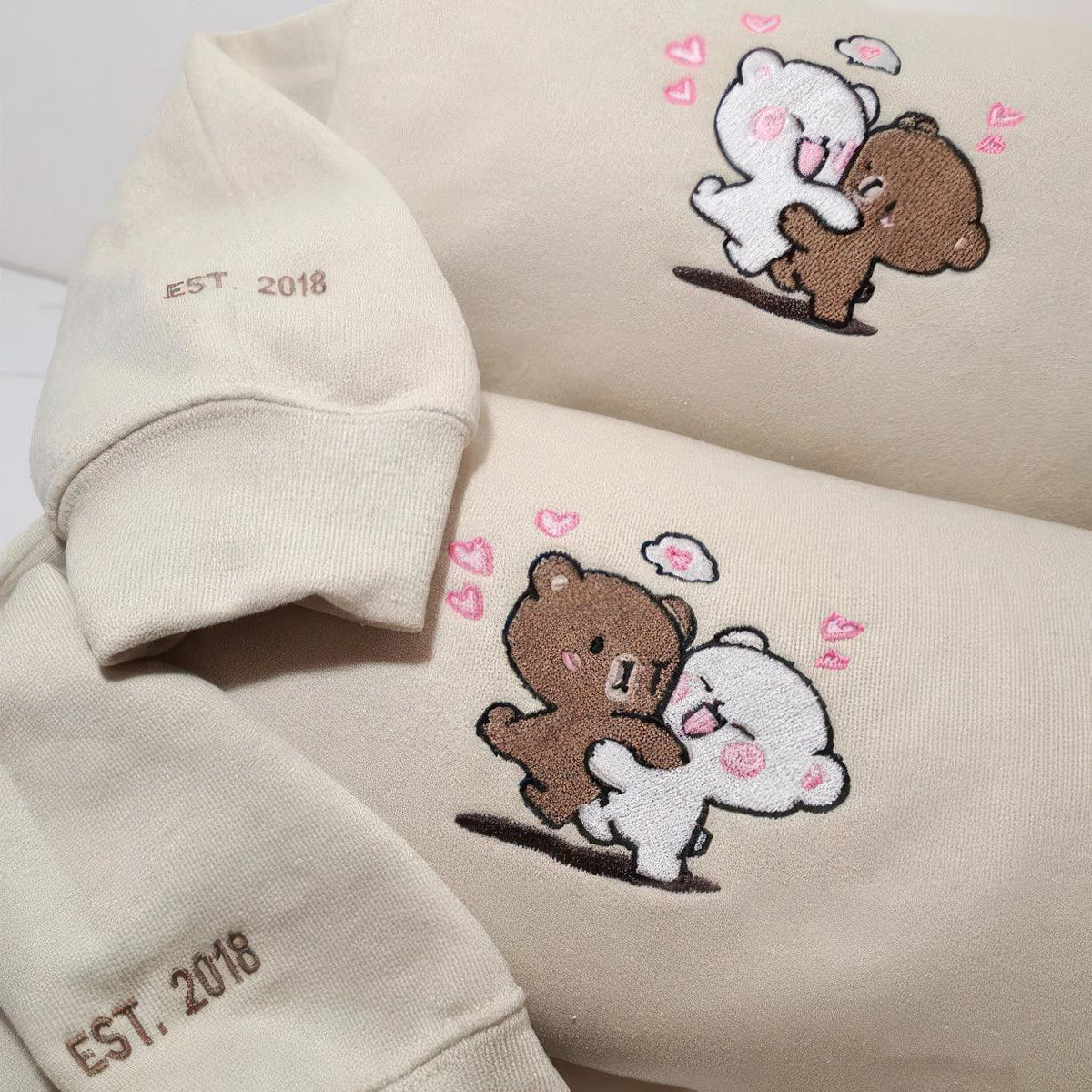Custom Embroidered Sweatshirts For Couples, Custom Milk and Mocha Bears Custom Embroidered Crewneck