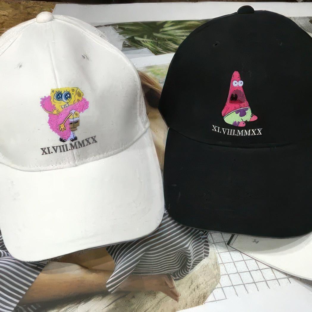Custom Embroidered Hats For Couples, Matching Hats For Couples With Names, Sponge Cartoon Characters Embroidered Hats