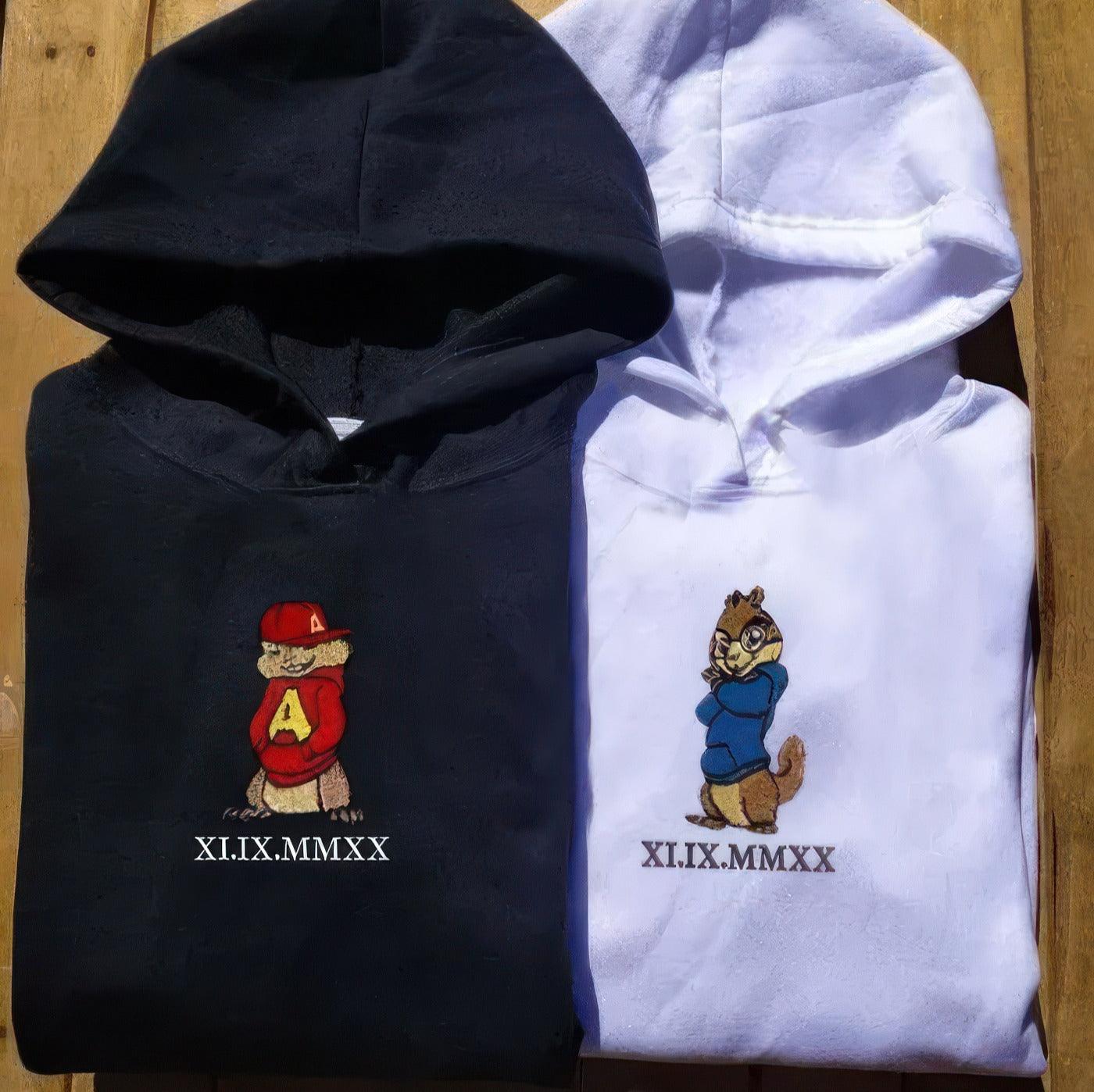 Custom Embroidered Hoodies For Couples, Best Matching Hoodies For Couples, Cute Chipmunks Cartoons Character Embroidery Sweatshirt