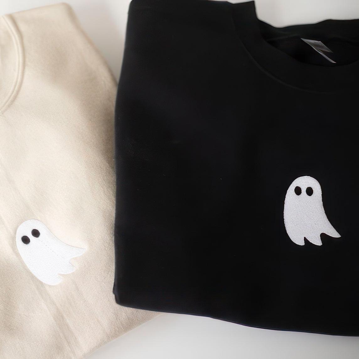 Custom Embroidered Halloweeen Sweatshirts For Couples, Halloween Cute Ghost Couples Embroidered Sweatshirt, Couple Ghost Halloween Sweater
