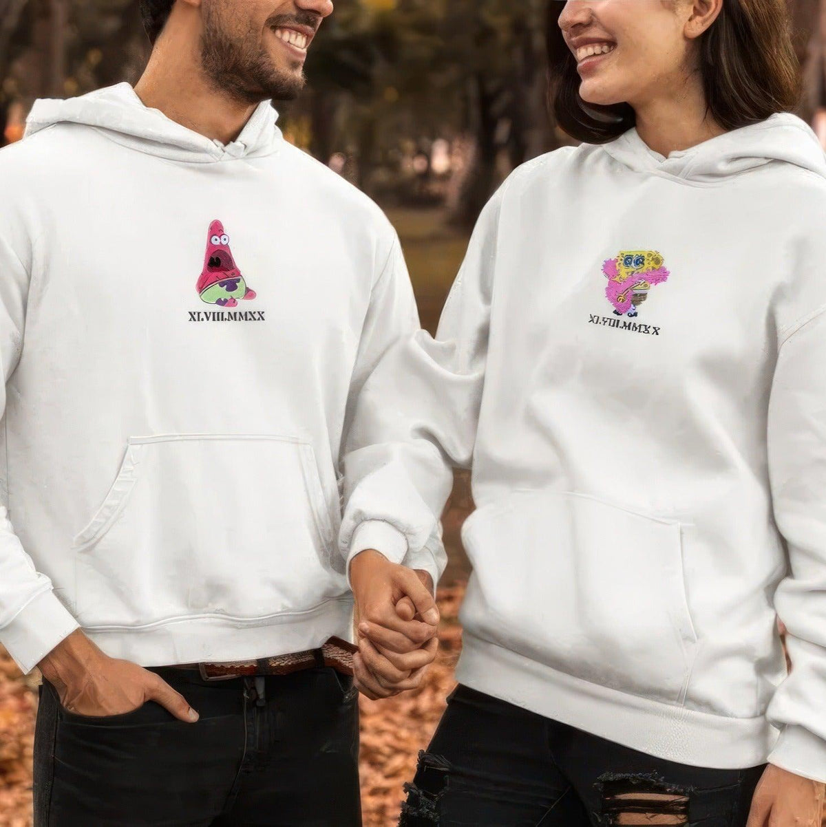 Custom Embroidered Hoodies For Couples, Custom Matching Couple Hoodies, Sponge Cartoon Characters Embroidery Sweatshirt