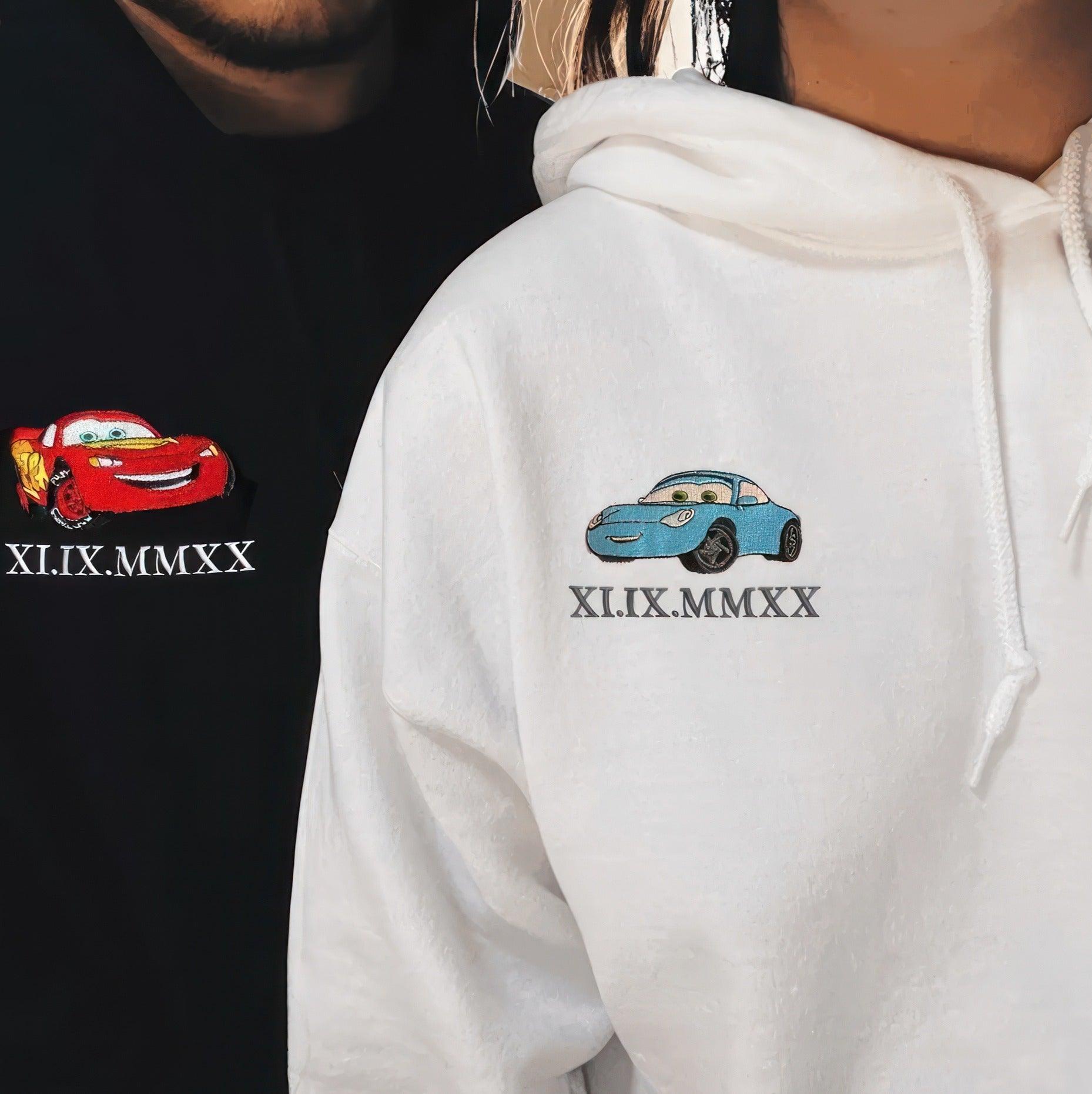 Custom Embroidered Hoodies For Couples, Matching Couple Hoodies, Cartoon Car Couple Characters Embroidery Sweatshirt