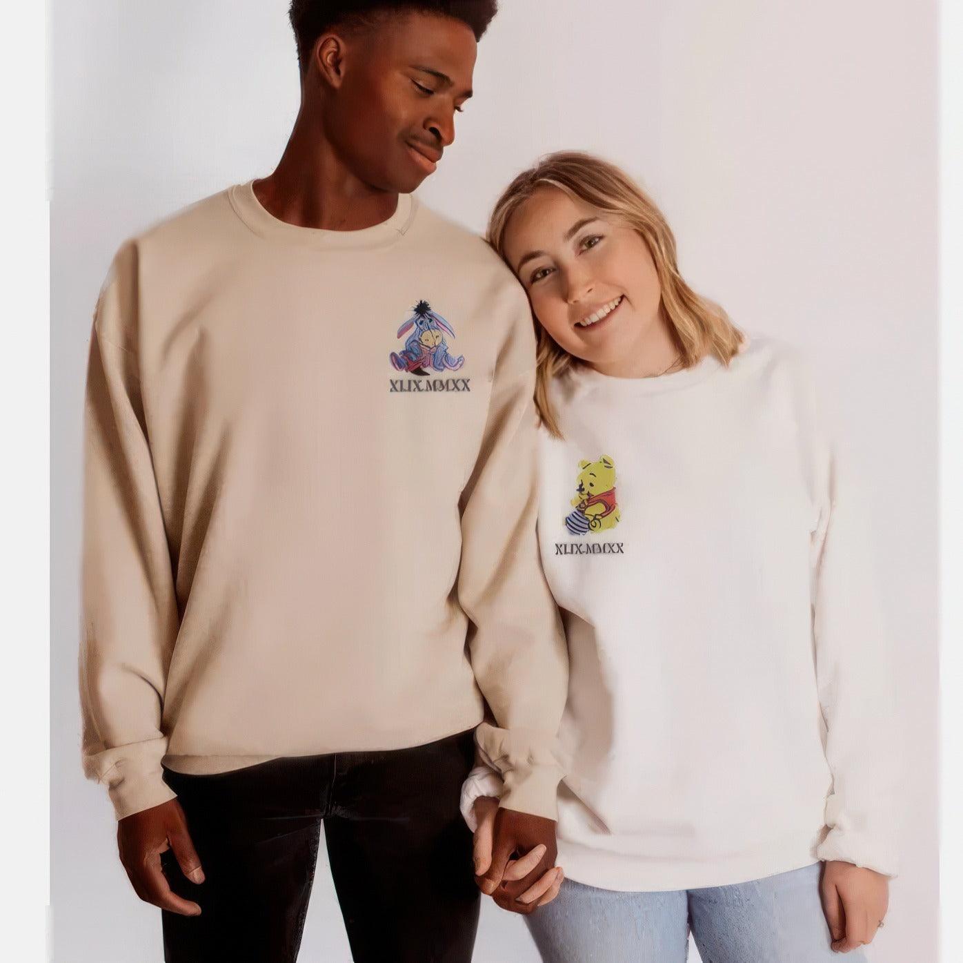 Custom Embroidered Sweatshirts For Couples, Matching Sweatshirts For Couples With Names, Bear Cartoon Character Embroidery Sweatshirt