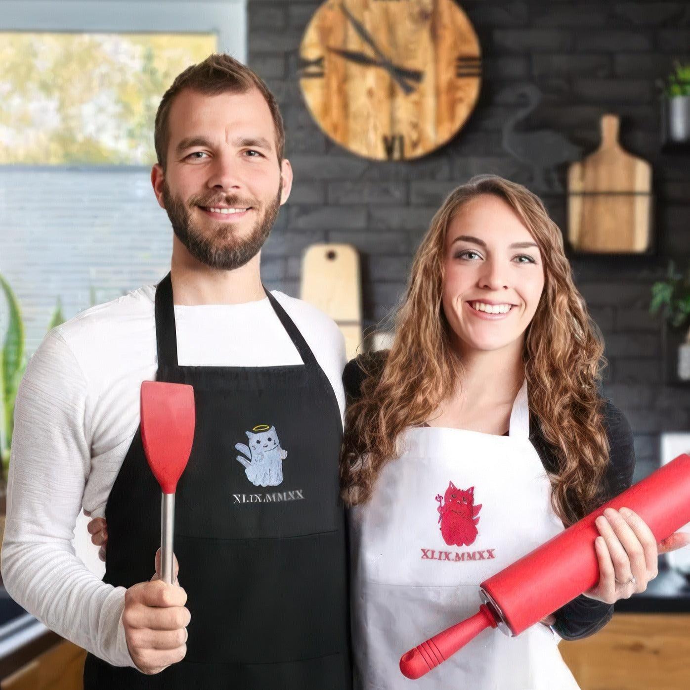 Custom Embroidered Aprons For Couples, Couples With Matching Aprons, Angel and Devil Couples Embroidery Aprons