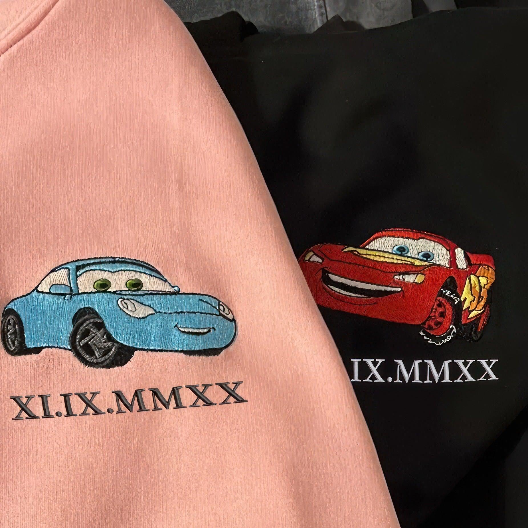 Custom Embroidered Sweatshirts For Couples, Couple Matching Sweatshirt, Cartoon Car Couple Characters Embroidery Sweatshirt