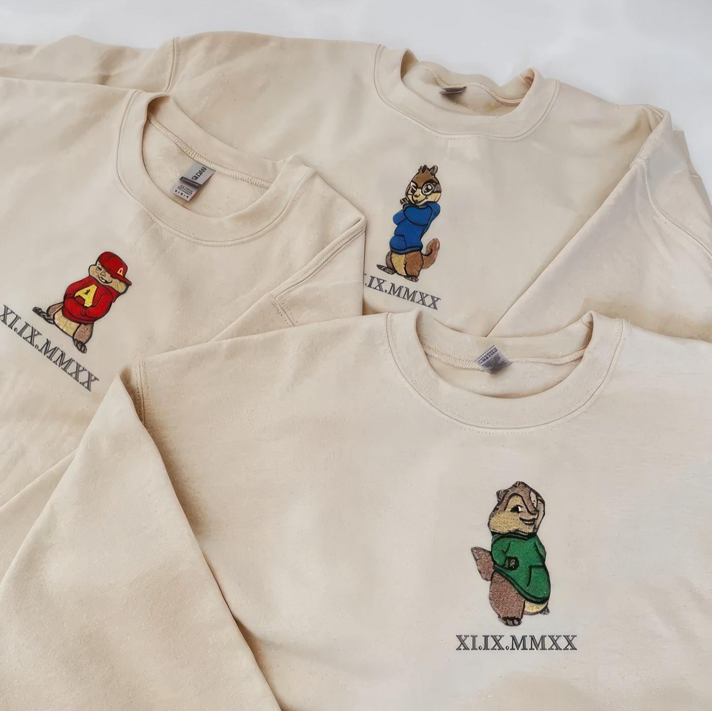 Custom Embroidered Sweatshirts For Couples, Matching Sweatshirts For Couples, Cute Chipmunks Cartoons Character Embroidery Sweatshirt