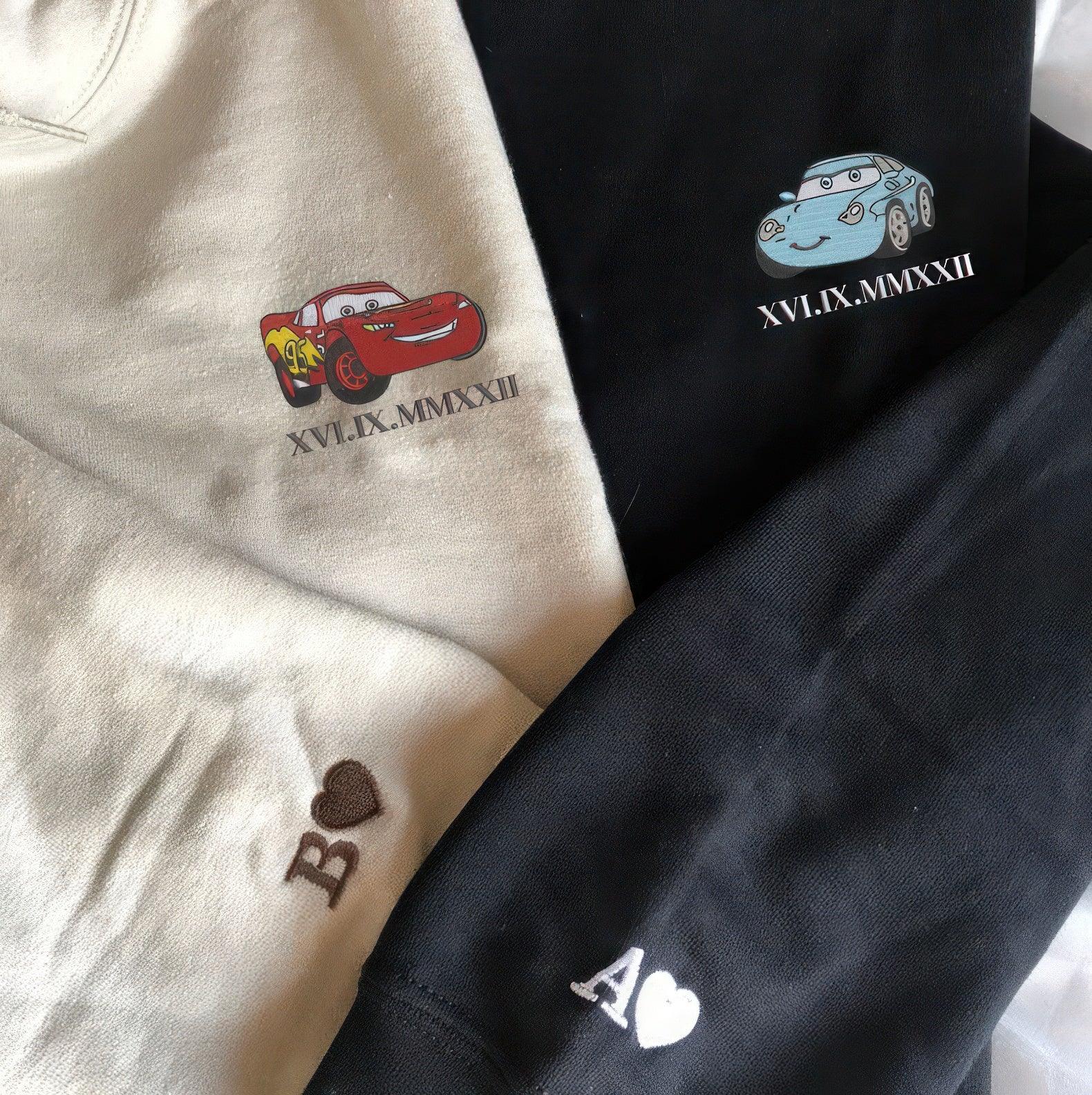 Custom Embroidered Sweatshirts For Couples, Custom Anniversary Date Cars Mcqueen x Sally Embroidered Couple Sweatshirt