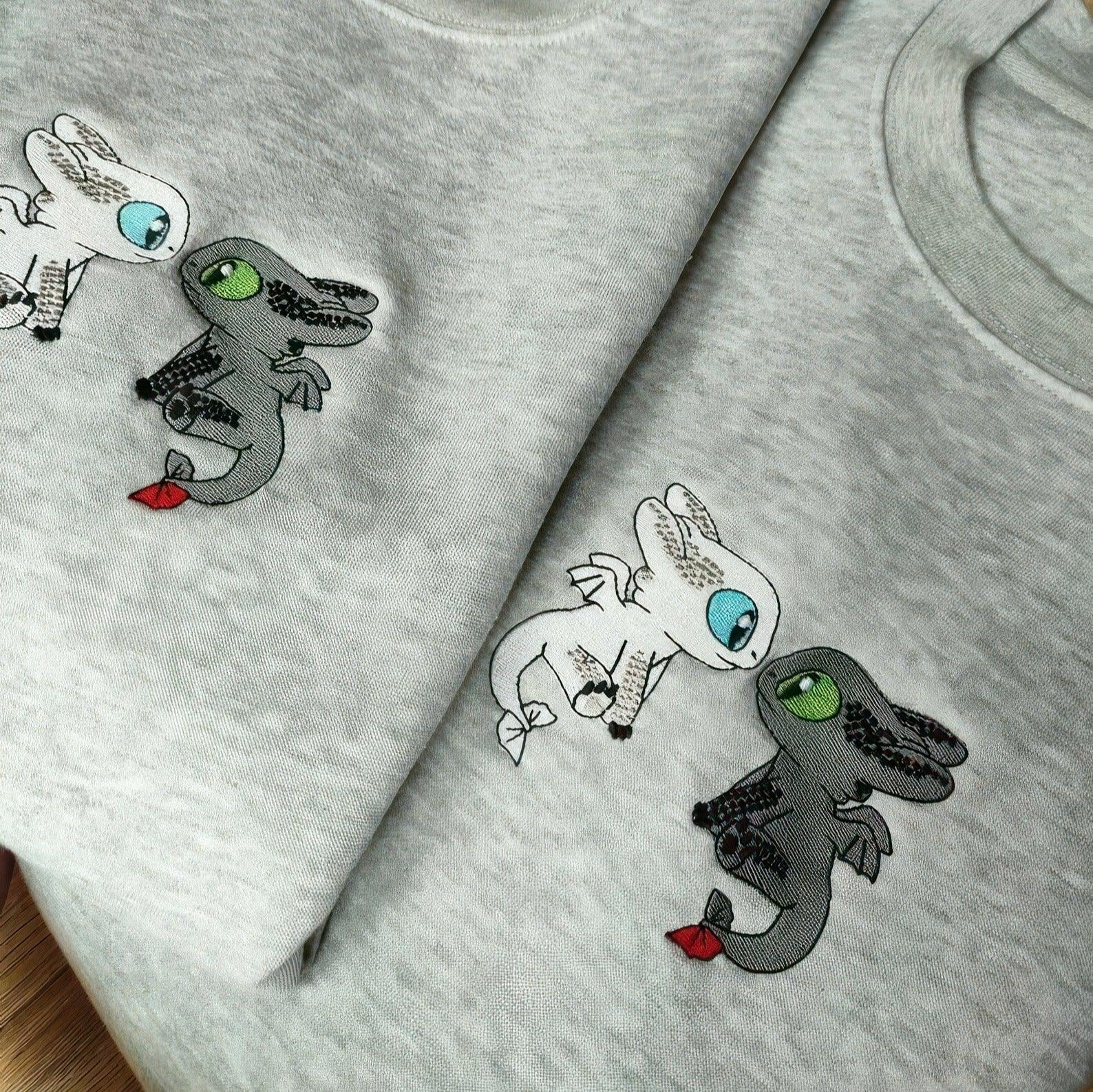 Custom Embroidered Sweatshirts For Couples, Custom Toothless Light Furry Couple Matching Embroidered Sweatshirt