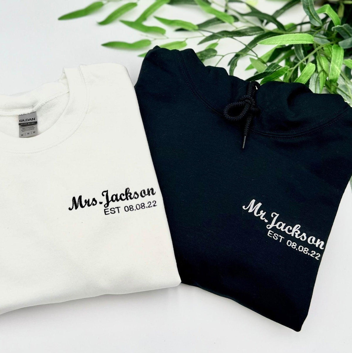 Custom Embroidered Sweatshirts For Couples, Custom Mr And Mrs Embroidered Anniversary Date Couples Sweatshirt
