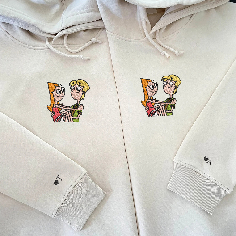 Custom Embroidered Hoodies For Couples, Personalized Couple Hoodies, His Her Hoodies, Cute Cartoons Couples Embroidered Hoodie V2