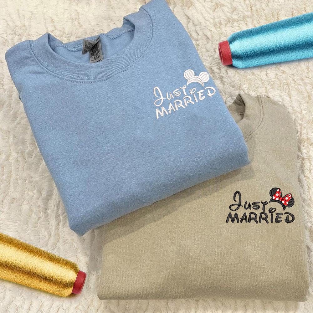 Custom Just Married Cartoon Inspired Embroidered Honeymoon Couples Matching Embroidered Sweatshirt Hoodies