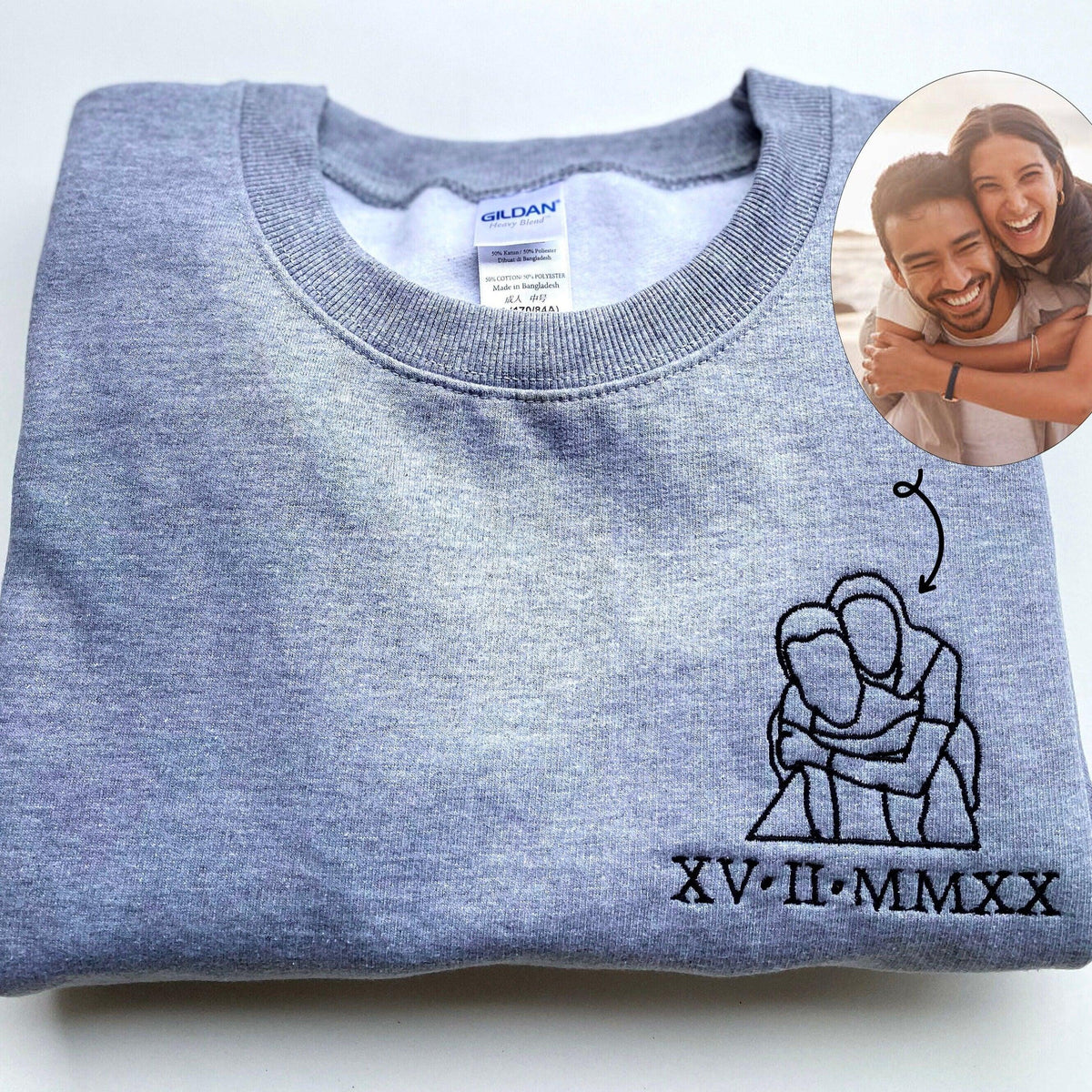 Custom Embroidered Portrait From Photo Outline Roman Numeral Date Couples Matching Embroidered Sweatshirt