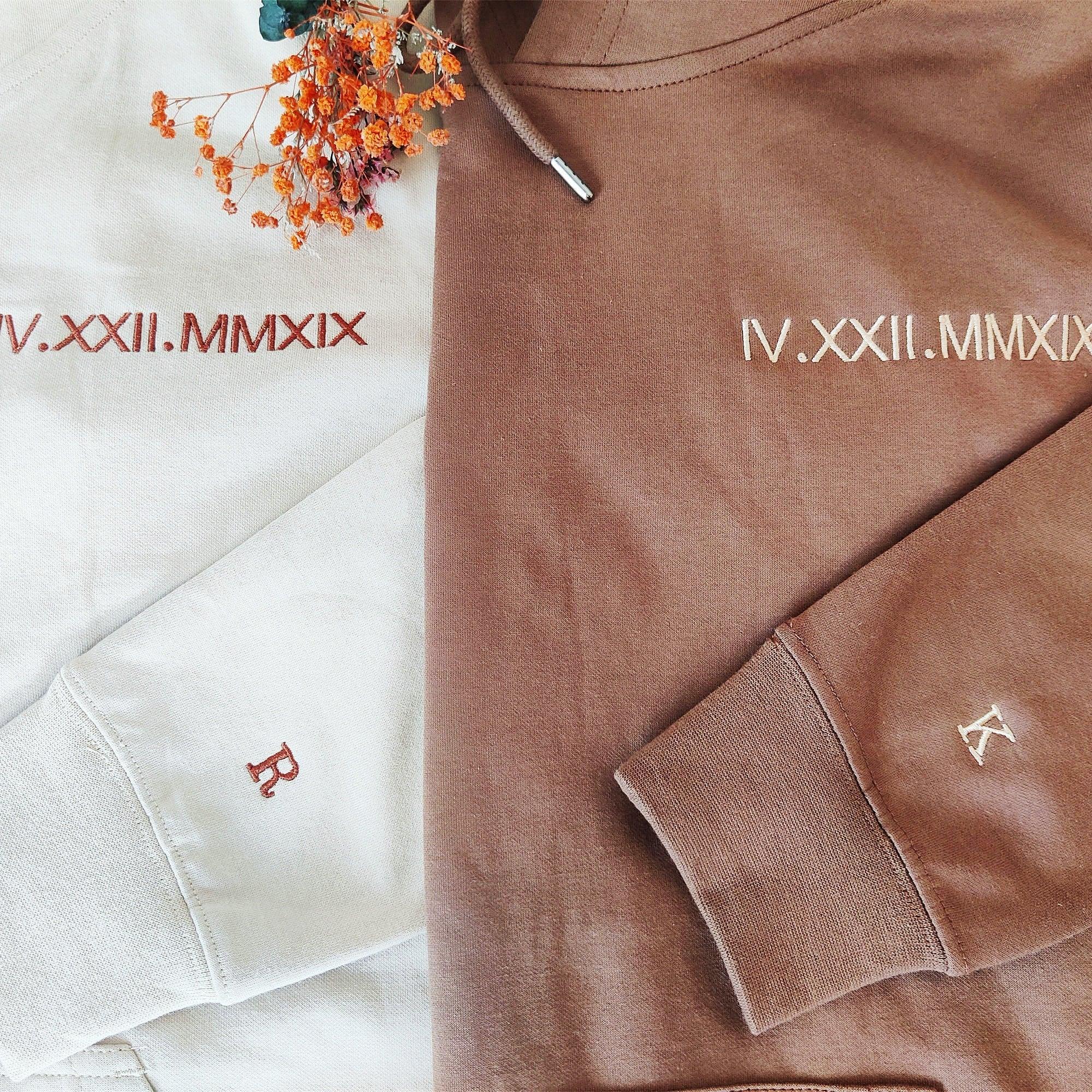 Custom Date Roman Numeral Personalised Embroidered Couple Matching Hoodie