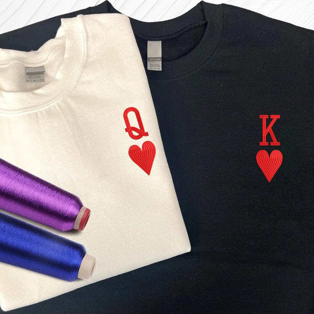 Custom King and Queen Embroidered Heart Couples Matching Embroidered Sweatshirt Hoodies