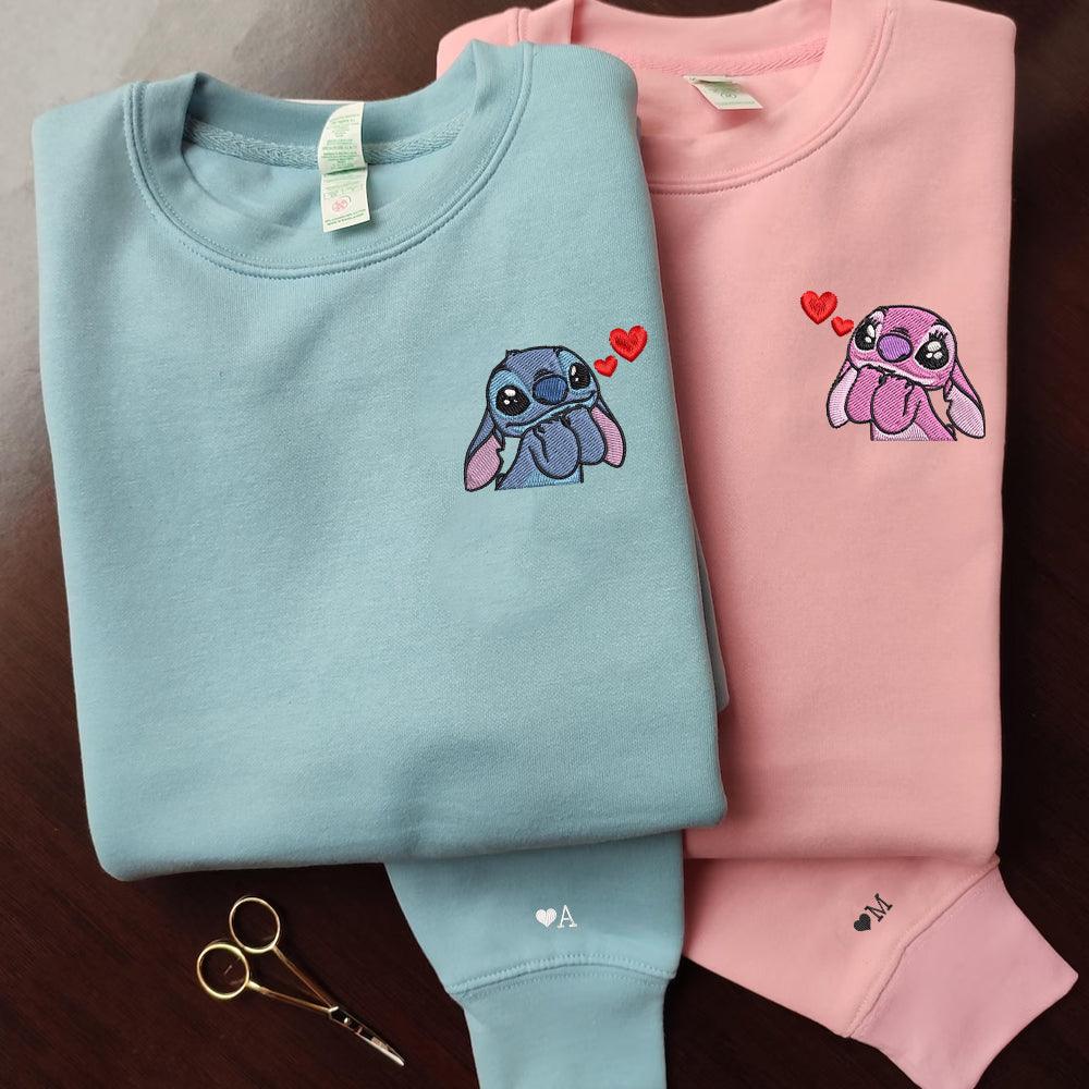 Custom Embroidered Sweatshirts For Couples, Custom Matching Couple Sweatshirt, Cute Stitch x Angel Couples Embroidered Crewneck Sweater
