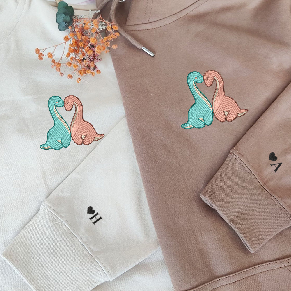 Custom Embroidered Hoodies For Couples, Cute Long Neck Dinosaurs Couples Embroidered Hoodie